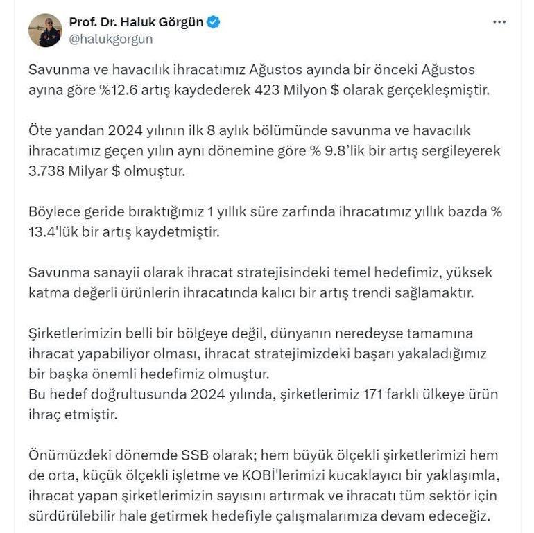 Savunma sanayinde ağustos ihracatı 423 milyon dolar