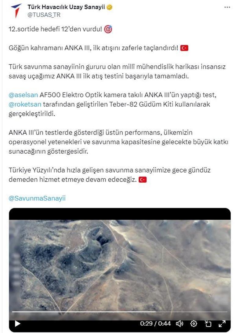 ANKA 3, ilk atışta hedefi başarıyla vurdu