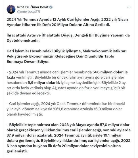 Bakan Bolat: Cari işlemler açığı, 2022 Nisan ayından itibaren ilk defa 20 milyar doların altına geriledi