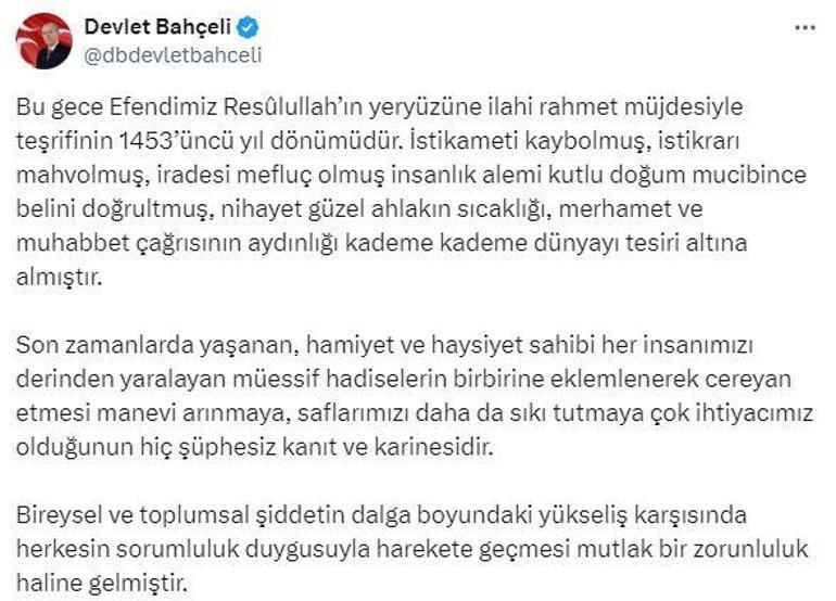 Bahçeli'den Mevlit Kandili mesajı