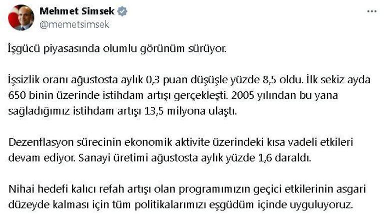 Bakan Şimşek: İş gücü piyasasında olumlu görünüm sürüyor