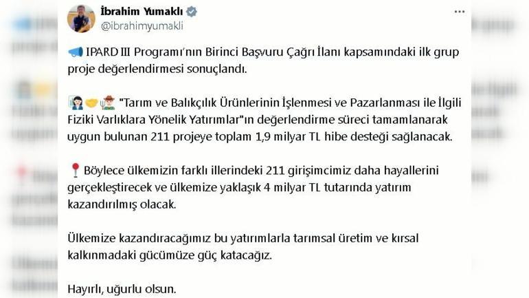 Bakan Yumaklı: IPARD III ilk grup proje değerlendirmesi kapsamında 1,9 milyar TL hibe desteği sağlanacak