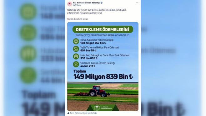 '149,8 milyon lira destek ödemesi çiftçilerin hesaplarına aktarıldı'