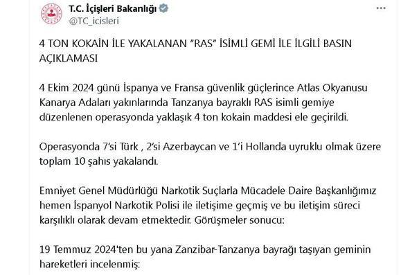 İçişleri'nden 4 ton uyuşturucu ile yakalanan gemiye ilişkin açıklama