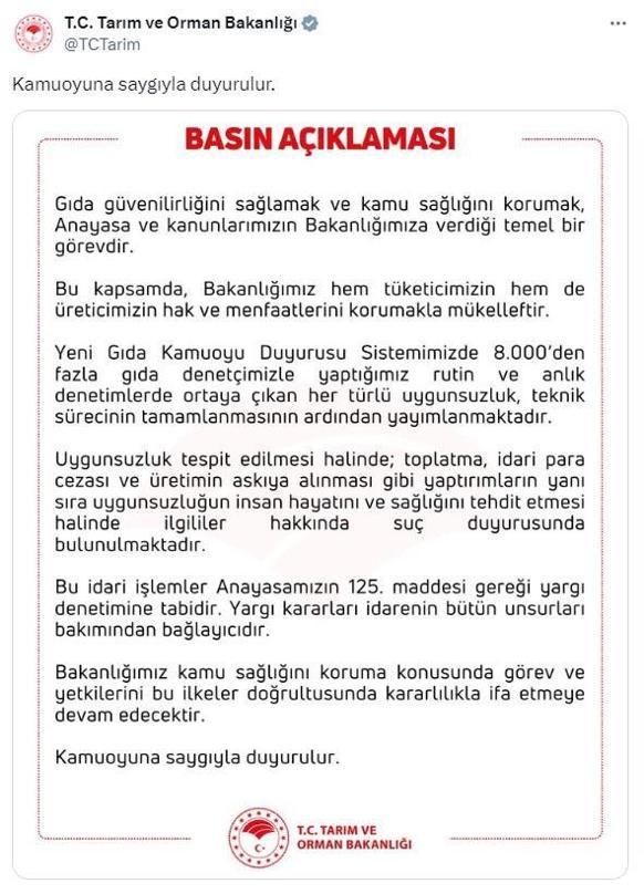 Bakanlıktan 'gıda denetimi' açıklaması