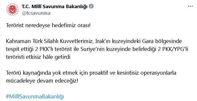 MSB: Irak ve Suriye'nin kuzeyinde 4 terörist etkisiz hale getirildi