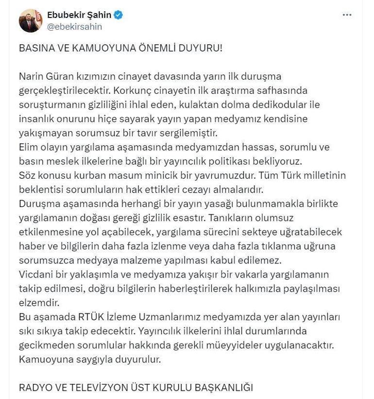 RTÜK Başkanı Şahin'den 'Narin Güran davası' açıklaması