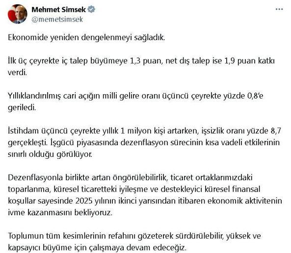 Bakan Şimşek: 2025'in 2'nci yarısından itibaren ekonomik aktivitenin ivme kazanmasını bekliyoruz