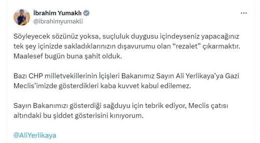 Bakan Yumaklı: Meclis çatısı altındaki bu şiddet gösterisini kınıyorum