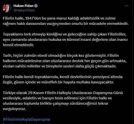 Bakan Fidan'dan, 'Filistin Halkıyla Uluslararası Dayanışma Günü' mesajı