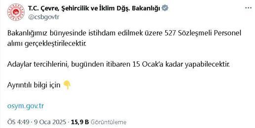 Çevre, Şehircilik ve İklim Değişikliği Bakanlığı, 527 sözleşmeli personel istihdam edecek