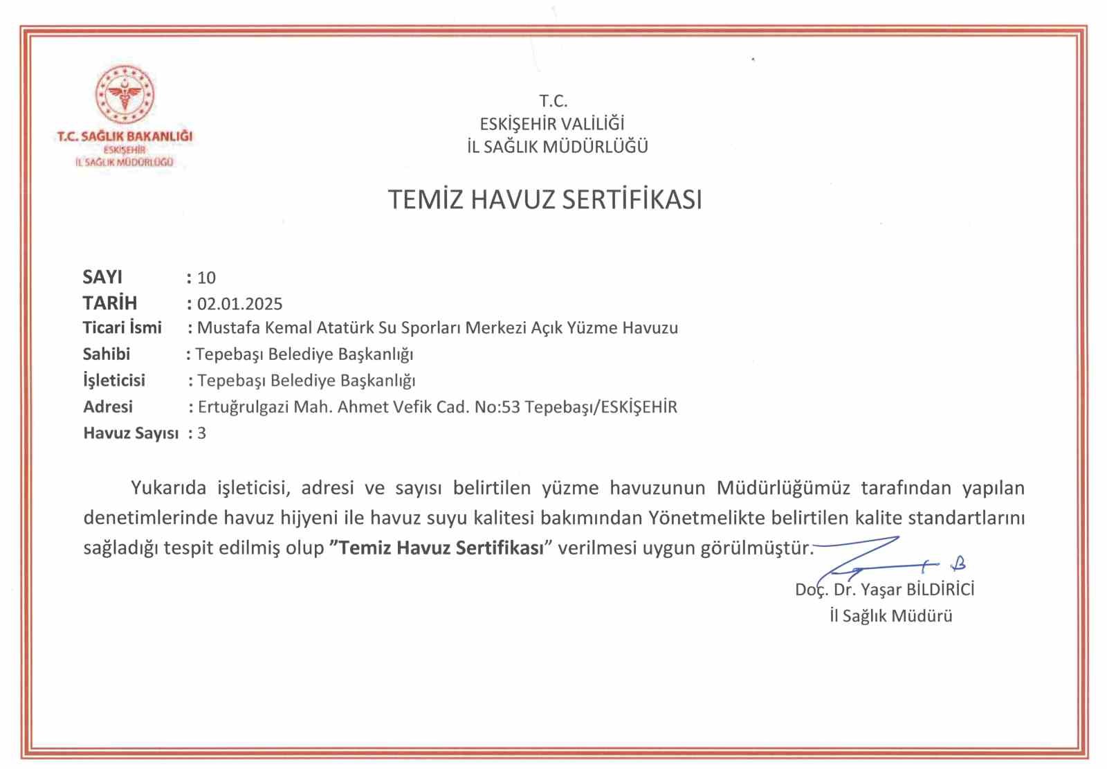 Tepebaşı Su Sporları Merkezi “Temiz havuz sertifikası” aldı