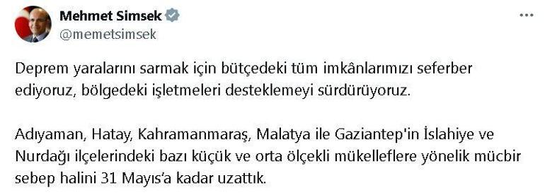 Bakan Şimşek: Küçük ve orta ölçekli depremzede mükellefler için mücbir sebep halini uzattık