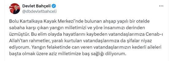 Bahçeli'den Bolu'daki yangında ölenler için taziye mesajı