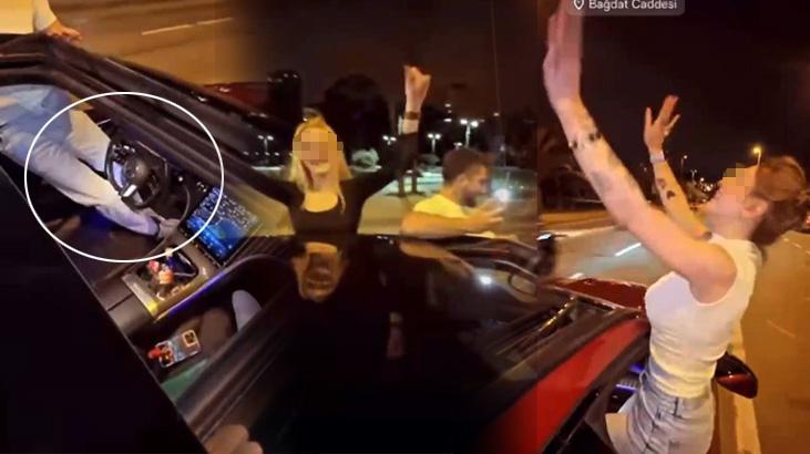 Direksiyonun üzerine çıkıp aracı ayağıyla sürdü! Utanmadan paylaştı: Kimlikleri tespit edildi