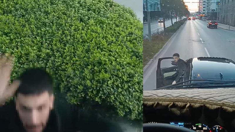 Trafikte şoförü ile tartıştığı kamyonu yumrukladı; o anlar kamerada