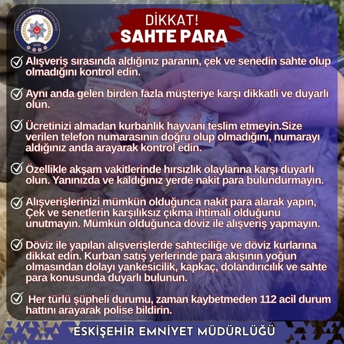Eskişehir Emniyet Müdürlüğü’nden kurban alışverişlerinde dolandırıcılığa karşı uyarı