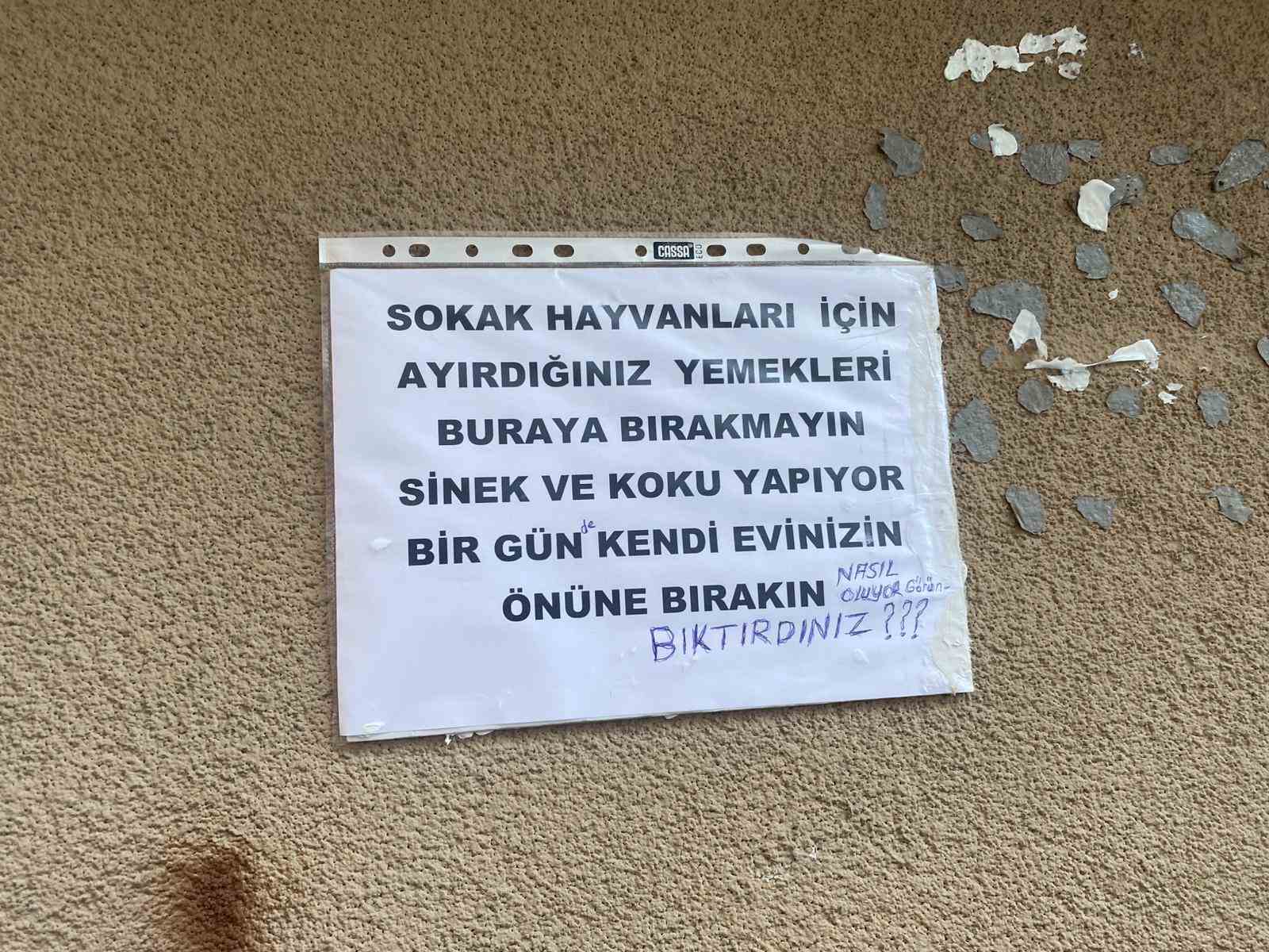 Binanın duvarına asılan ilginç notlar dikkat çekiyor