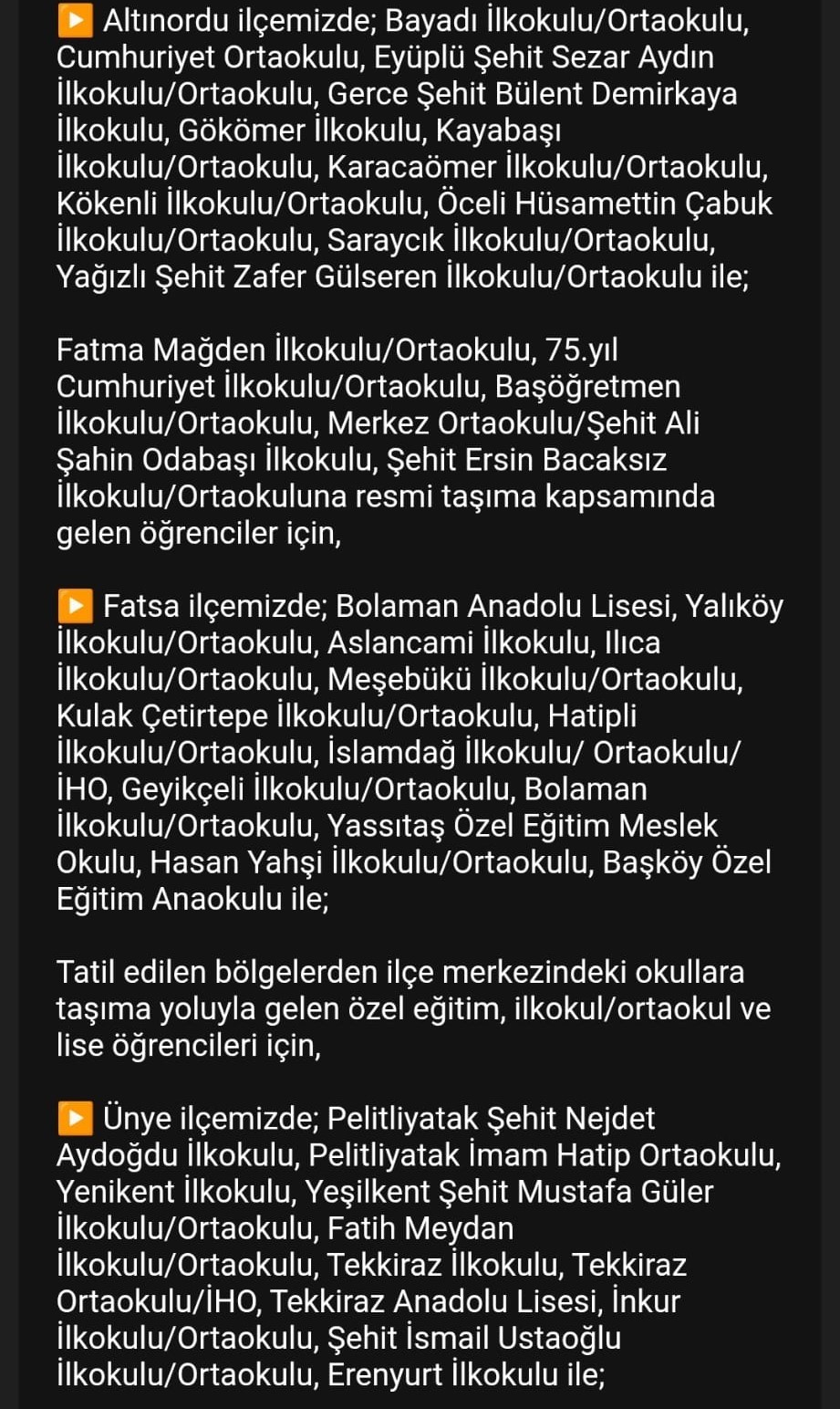 Ordu’da eğitime kar engeli