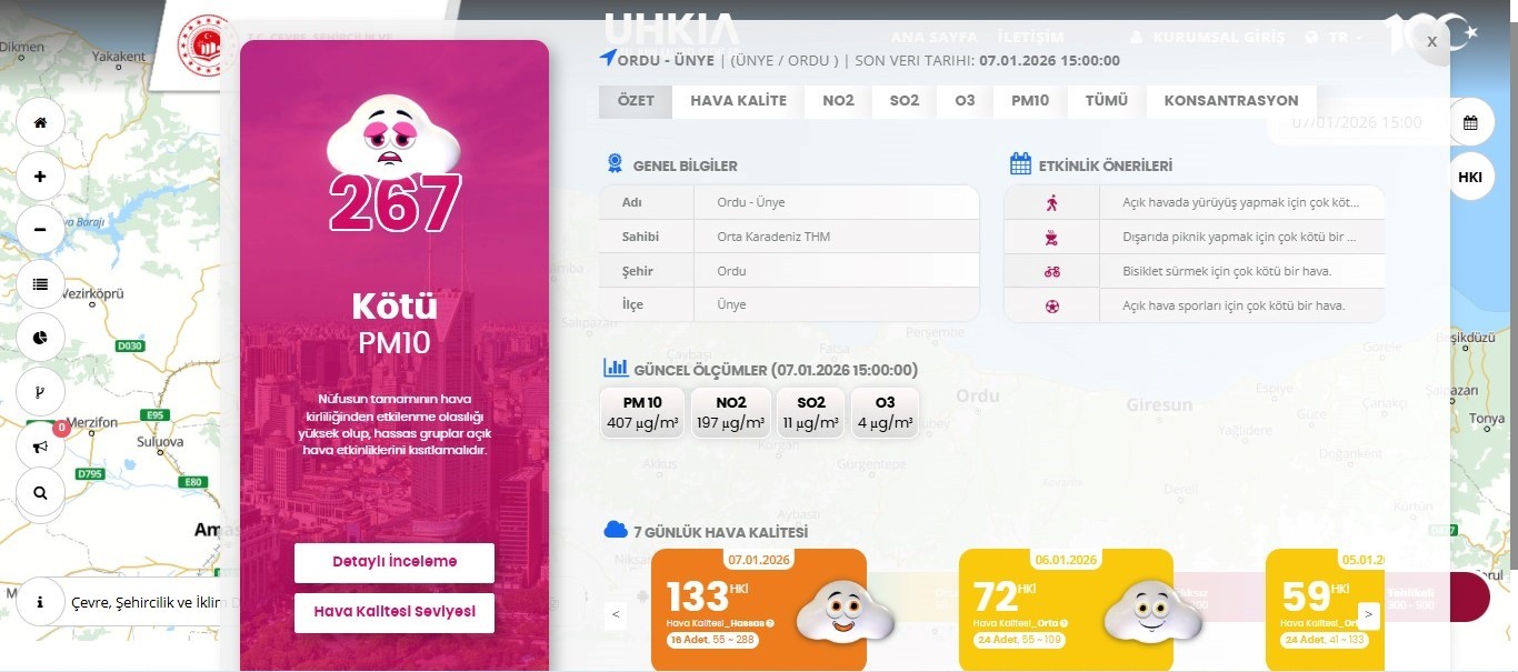 Türkiye’de en kirli hava Ünye’de ölçüldü