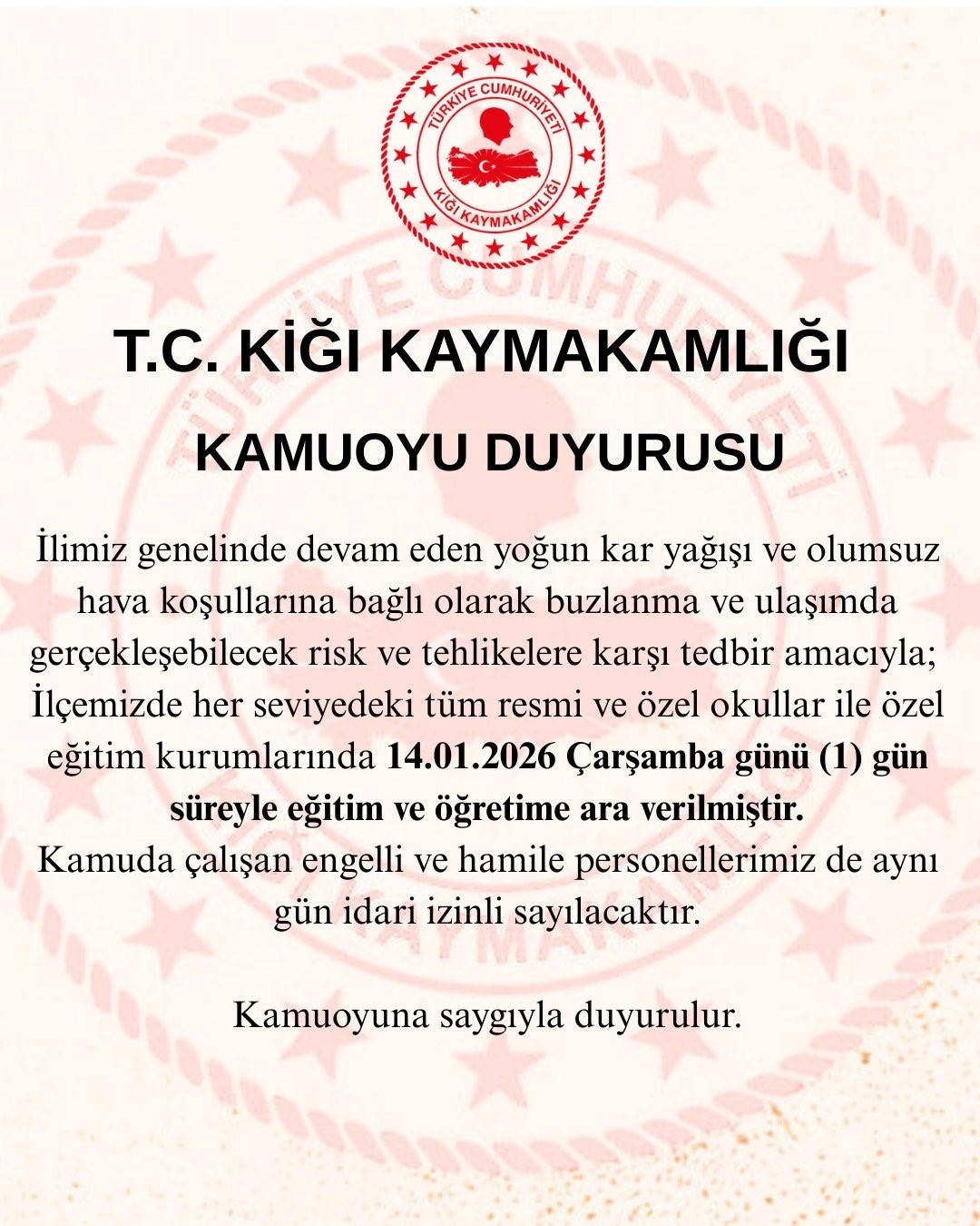 Bingöl’ün 3 ilçesinde eğitime 1 gün ara verildi