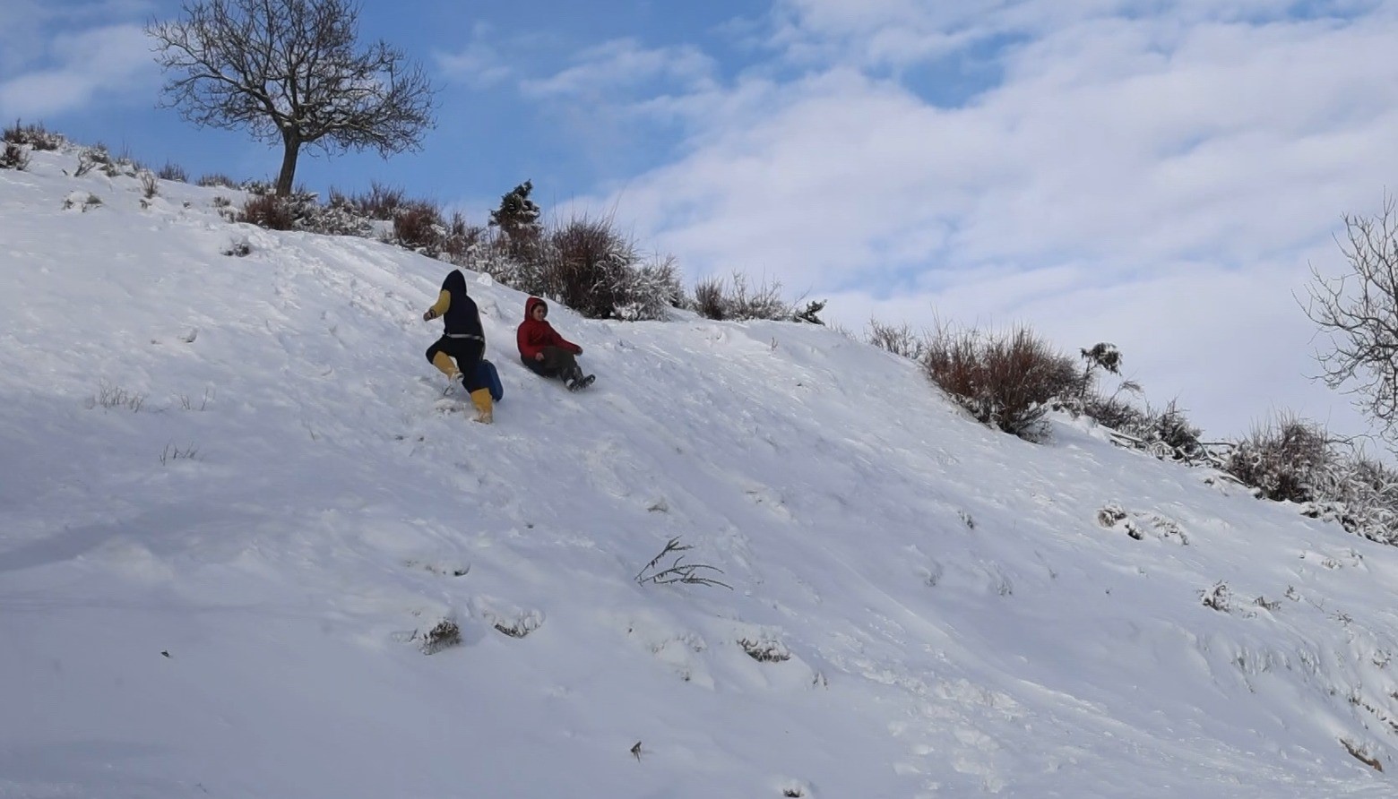 Adana Feke’de kar 1 metreyi aştı, çocuklar kızakla tatilin tadını çıkardı