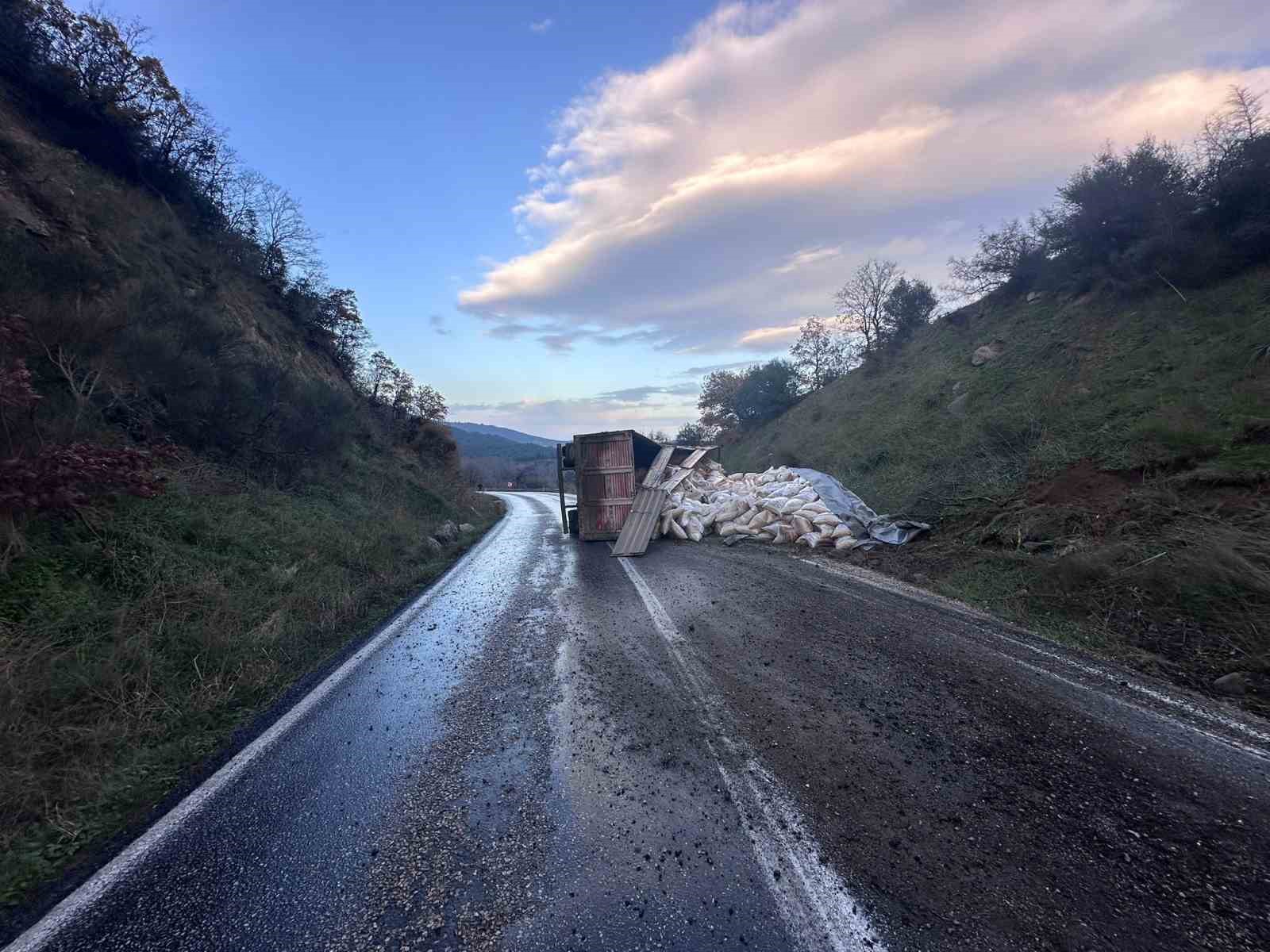 Gönen-Denizkent yolunda kamyon devrildi