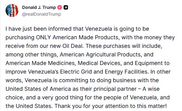 ABD Başkan Trump: “Venezuela, petrol anlaşmasından elde edeceği gelirle yalnızca ABD yapımı ürünleri satın alacak”