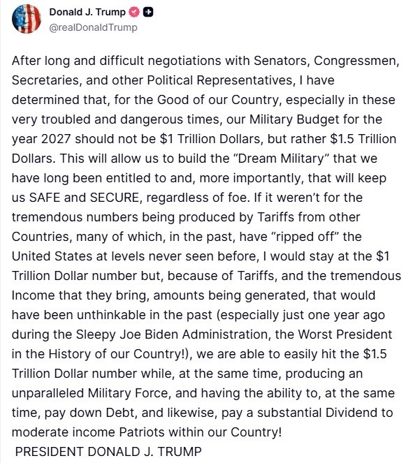 ABD Başkanı Trump: “2027 savunma bütçemizin 1 buçuk trilyon dolar olması gerektiğine karar verdim”