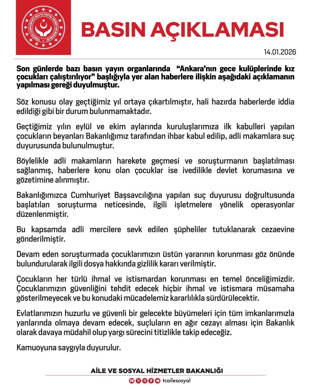Aile ve Sosyal Hizmetler Bakanlığı: “(Gece kulüplerinde kız çocuklarının çalıştırıldığı iddiası) Söz konusu olay geçtiğimiz yıl ortaya çıkartılmıştır”