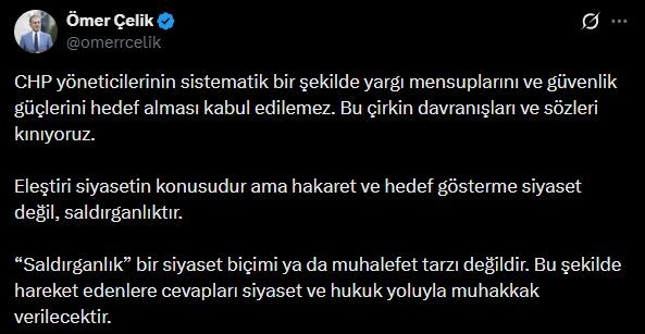 AK Parti Sözcüsü Çelik’ten CHP’ye tepki: “Hakaret ve hedef gösterme siyaset değil, saldırganlıktır”