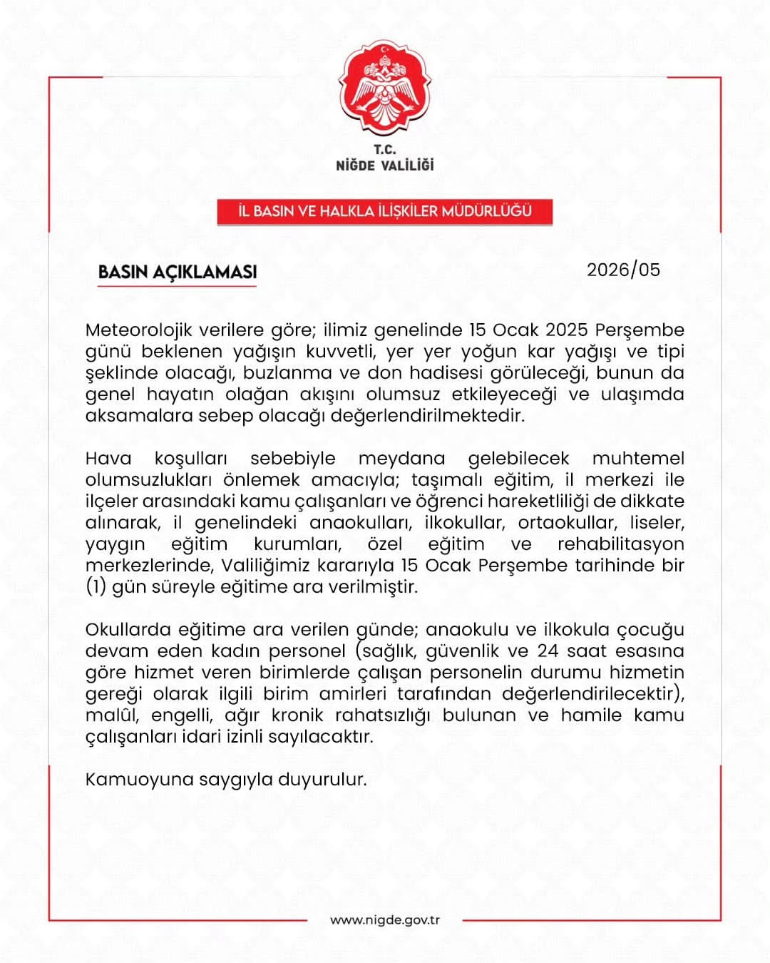 Niğde’de eğitime kar engeli