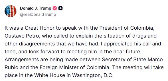 Trump, Kolombiya Devlet Başkanı Petro ile telefonda konuştuğunu duyurdu: “Beni aramasını ve üslubunu takdir ettim”