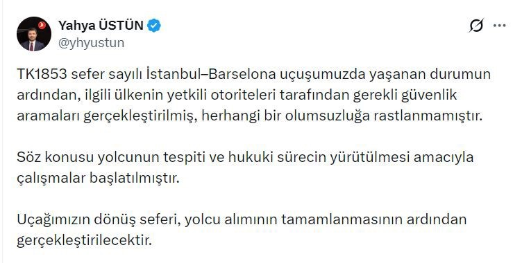 Türk Hava Yolları İletişim Başkanı Yahya Üstün: “Herhangi bir olumsuzluğa rastlanmamıştır”